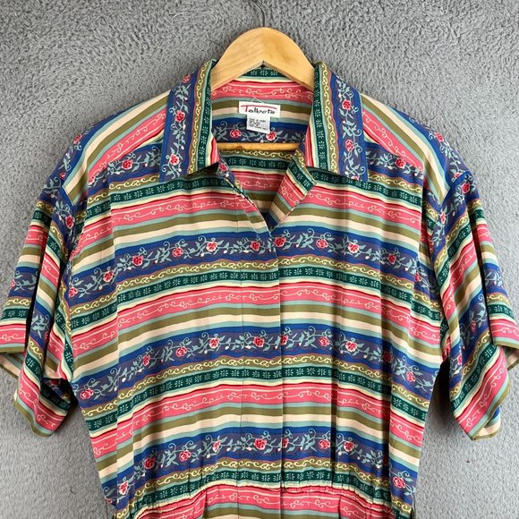 Vintage Talbots 100% Silk Button Up Dress Pink Blue Striped Floral size 8 - Picture 2 of 13